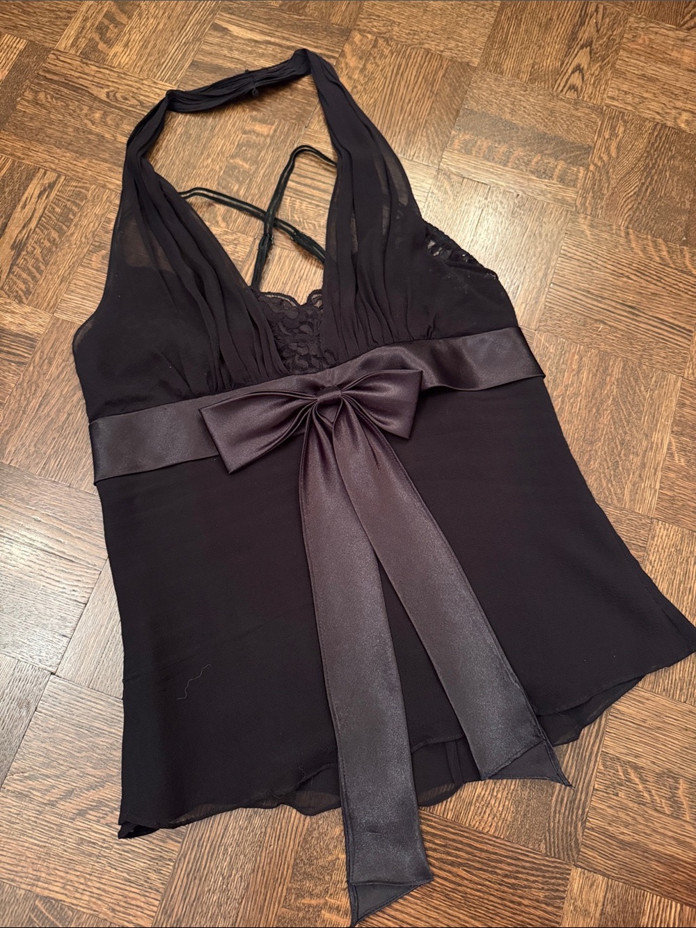 BCBG Black Silk blouse Halter with lace underlay Bow-Front size 2